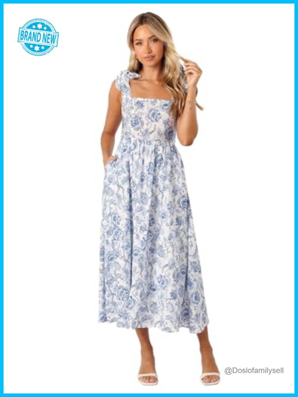 Petal & Pup Janie Midi Dress Tie Shoulder Square Neck Pockets
